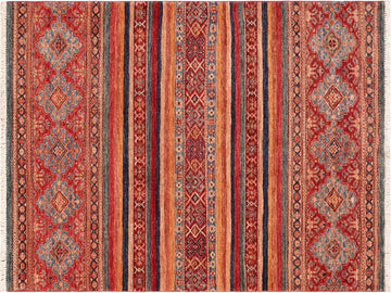 handmade Geometric Khorgeen Red Blue Hand Knotted RECTANGLE 100% WOOL area rug 4x6